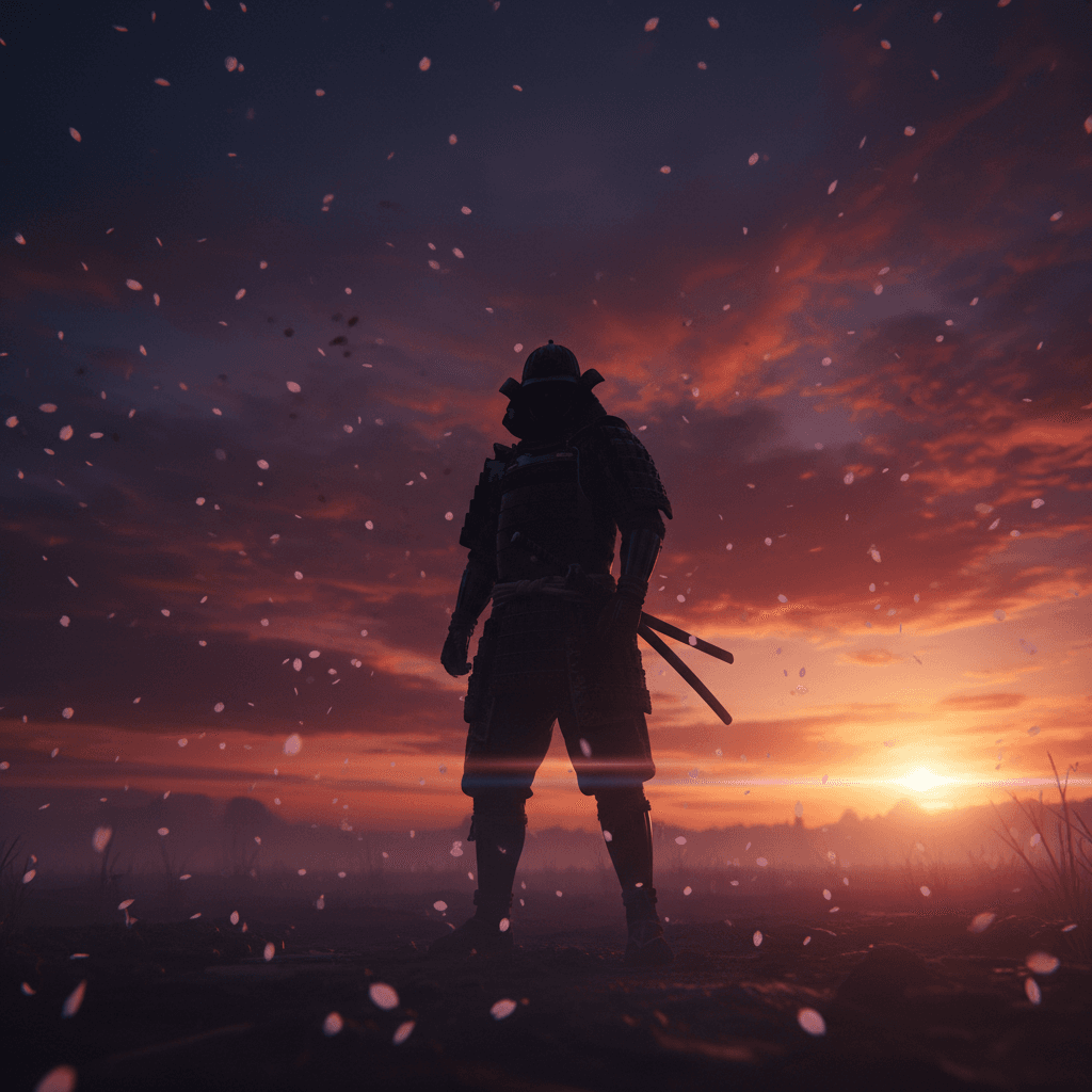 Samurai silhouette against orange sunset on misty battlefield with cherry blossom petals