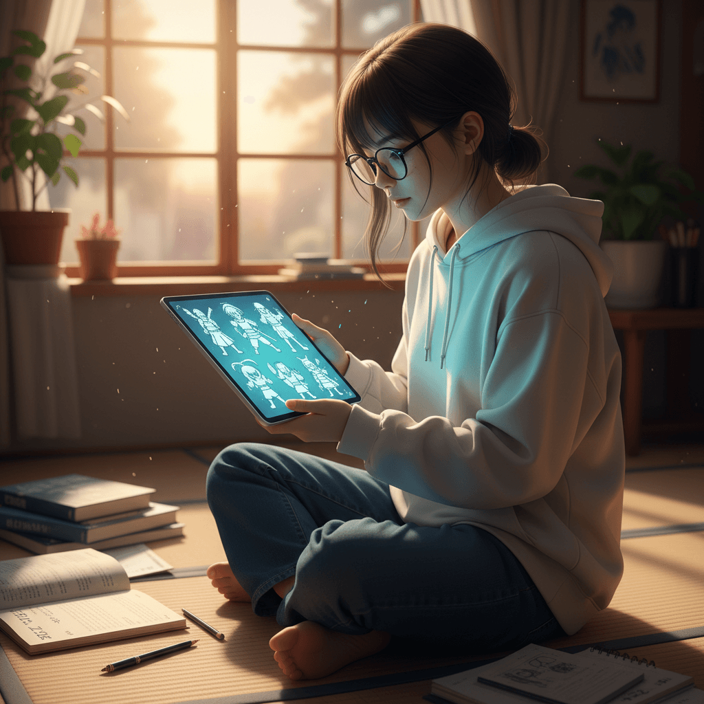 Japanese girl reading animated character sketches on tablet while sitting on tatami mat at evening