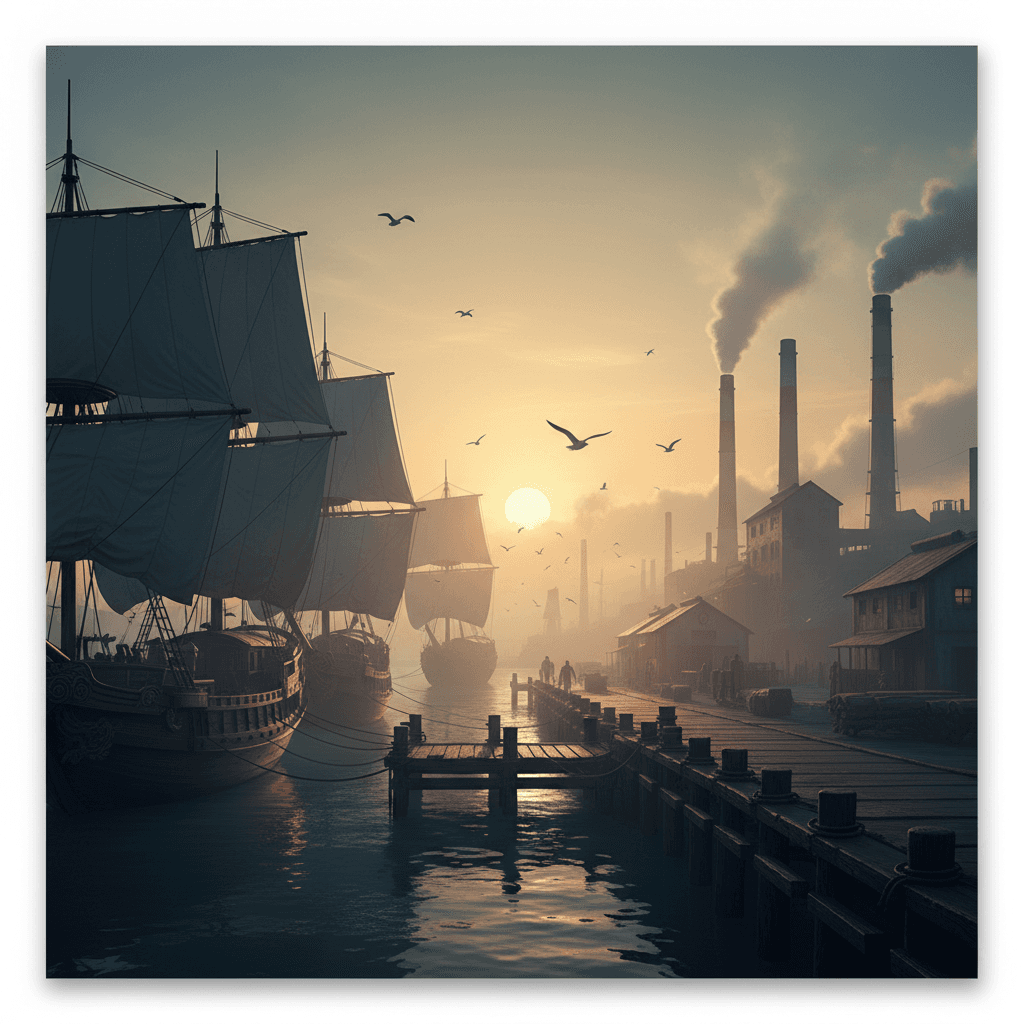 Meiji-era port at dawn with ships and factory smokestacks in soft golden light